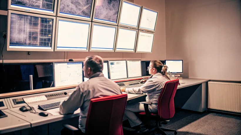 Security operations centre with analysts monitoring data centre infrastructure and network security