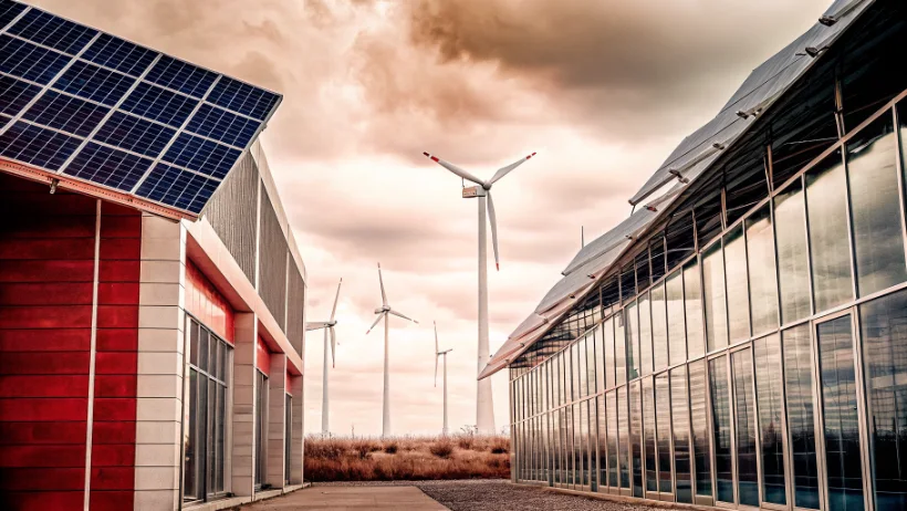 Modern data center facility with solar panels and wind turbines for renewable energy